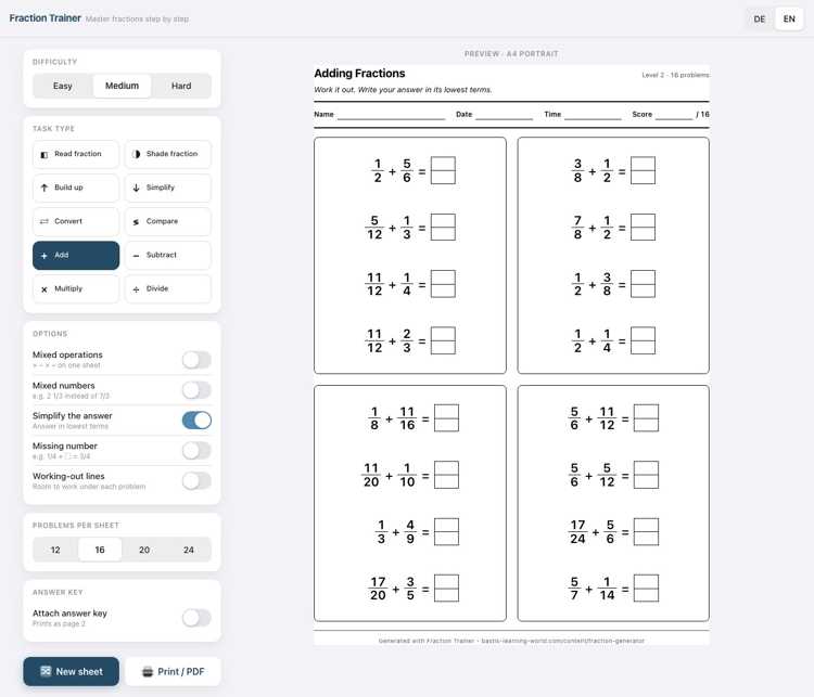 Fractions Worksheet Generator for Grades 5 to 7